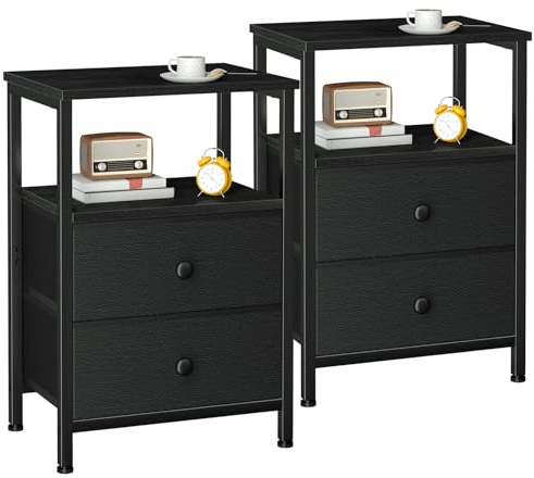 LOAKEKEL Bedside Table, Side Tables Set of 2 with 2 Fabric Drawers | Sofa Table, Bedside Cabinet with Open Storage Shelf, End Table, Nightstand for Living Room, Bedroom, Black UHETS002BK
