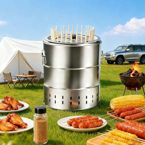 QianCruxtacy Macchina Verticale per Rosticceria Kebab,Grill a Botte di Carbone Barbecue Senza Fumo Portatile,Griglia a Carbonella in Acciaio Inox,per Campeggio all'aperto RS-30