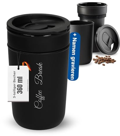 Personalisierter Kaffeebecher 360 ml - Travel Mug mit Keramik-Innenbecher | Keramik-Innenbecher, 360 ml, spülmaschinengeeignet, Deckel, Kaffee, Tee, Büro, gravierbar, Coffee to go, Geschenkidee