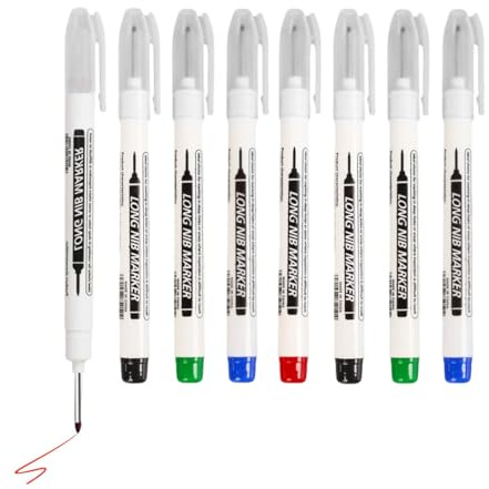 8 Pcs Marqueur Trou Profond, Marqueurs Charpentier, Marqueurs Imperméables Pointe Longue de 20 mm pour des Marquages à des Endroits Difficiles d'Accès(Bleu Rouge Noir Vert)