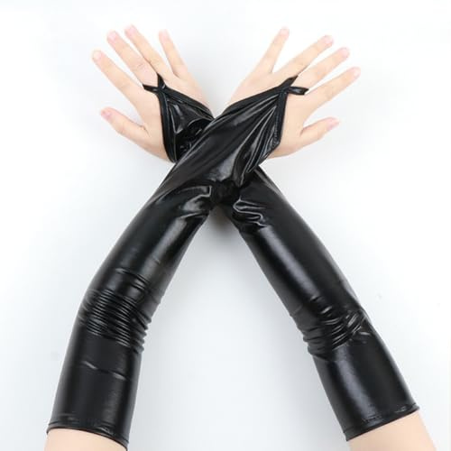 CALFOVERA 48.2cm PU Leder Fingerlose Handschuhe Lange Halloween Handschuhe Damen Silber Glänzende Metallhandschuhe Gothic Punk Cosplay Kostüme Ellenbogen Sexy Armstulpen für Gala Brautparty Hochzeit
