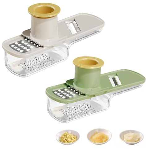 2Pcs Multifunctional Mini Garlic Grinder, 3 in 1 Stainless Steel Garlic Slicer, Practical Crusher Press with Container, Essentials Kitchen Gadgets for Onion Vegetable (Beige, Green)
