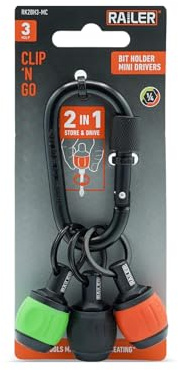 Hex Shank Bit Holder Keychain Carabiner Set Quick Release Soft Ball Grip | Ergonomic soft cushion grip for comfortable tool belt carry. Dual locking collar secures 1/4 drill bits & nut drivers.