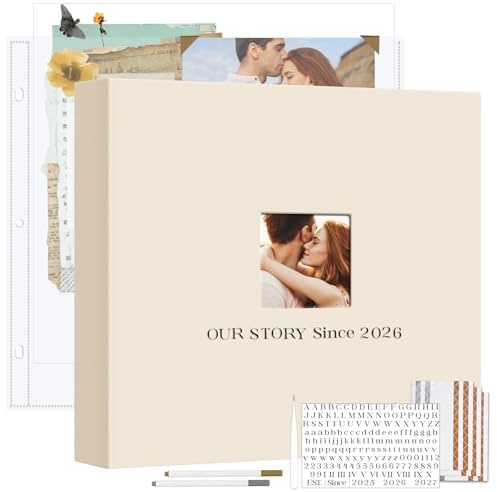 Vienrose Linen Photo Album Kit, Large 3 Ring Binder Scrapbook with 30 Plastic Sleeves, 15x13 Inch DIY Memory Book for Wedding, Anniversary, Family & Kids Keepsake Gift, Beige
