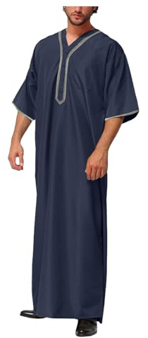 Djellaba Homme,Djellaba Homme Qamis Robe Musulmane à Manches Longues - Abaya Dubaï - Moyen-Orient - Ethnique Kandoura - Style Saoudien - Dishdasha Arabe Thobe Islamique Ramadan Bleu marine 5XL