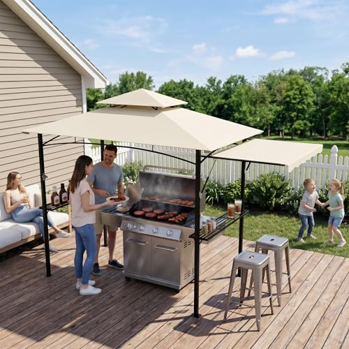 PEILU Gazebo per barbecue, autoportante, con protezione solare, doppio tetto, 2 ripiani laterali e tenda estensibile, gazebo resistente alle intemperie, per giardino e barbecue all'aperto (beige)