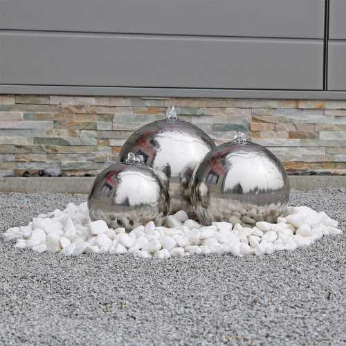 CLGarden Edelstahl Kugelbrunnen ESB2 Gartenbrunnen inkl. LED Beleuchtung mit 3 Edelstahl Kugeln poliert, Komplettset mit Pumpe, Wasserbecken, LED Leuchten, Verteilern und Schläuchen, Außenbereich, 12V