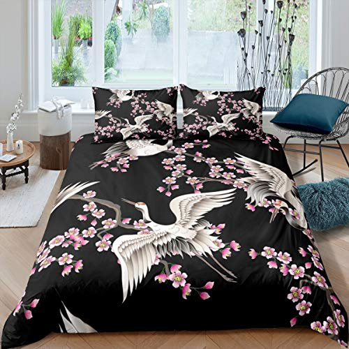 Loussiesd Japanisches Ukiyoe-Thema Bettbezug-Set Kirschblüten-Betten-Set Bettwäsche-Set im japanischen Stil 135x200cm Für Kinder Schwarz Exotischer Stil 2St