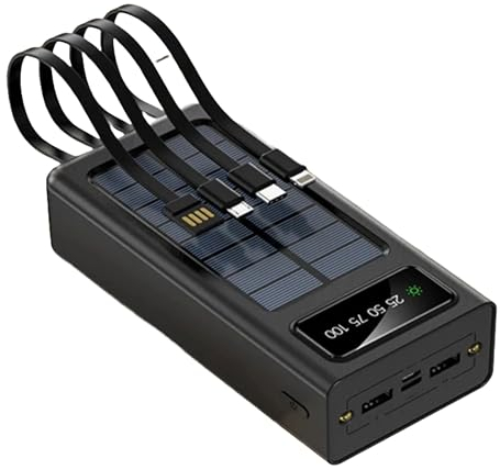Cargador portátil Solar, Capacidad del Panel Solar 20000mAh, 4 Cables incorporados, Banco energía con Pantalla LED Carga rápida Paquete de batería Externa para iPhone Android, Negro