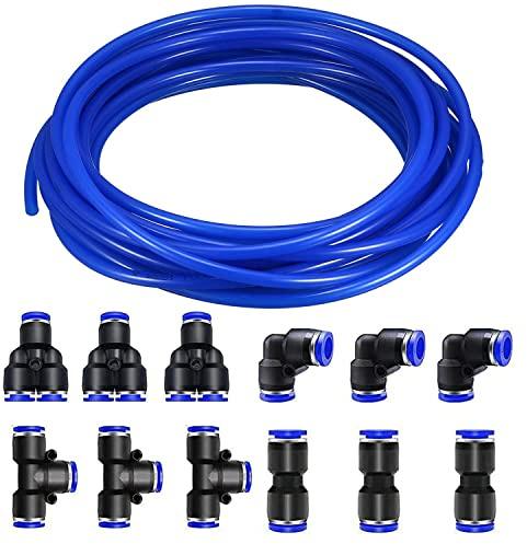 RUNCCI-YUN 12 Stücke 4mm Pneumatik Steckverbinder,Air Push-Schnellkupplungen (Y förmig/T förmig/L förmig/Iförmig) +10M PU Pneumatikschlauch Pneumatic Polyurethane Schlauch Druckluftschlauch