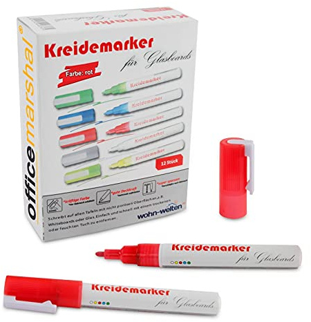 Floordirekt Kreidemarker für Whiteboards, Flipcharts, Fenster & Glas | Kreidestift mit Rundspitze | Tafelschreiber | Trocken & feucht abwischbar (12er-Set, Rot)
