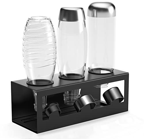 HOMMAND Bottle Holder For Sodastream Crystal And Emil Bottles, Steel Bottle Holder Drainer For 3 Bottles, With Silicone Protective Rings, Drip Pan And Lid Holder, Black