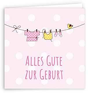 Friendly Fox Karte zur Geburt, 3x Glückwunschkarten Baby, quadratische Karte Baby Geburt, Grußkarten zur Geburt Baby Mädchen (Wäscheleine - Dreierpack)