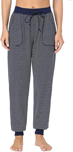 Irdcomps Pyjamasbyxor för kvinnor, långa bomull, pyjamasbyxor för vinter, varma nattkläder, randiga fritidsbyxor, sovkläder, S–XL, B-marinblå, S