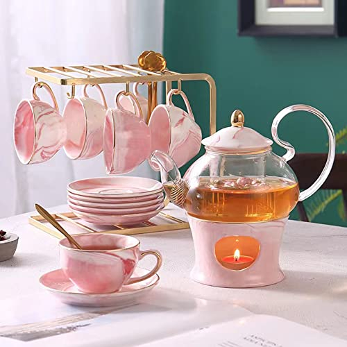 21 Pcs Ensemble De Thé En Céramique Européenne 6 Pcs, Service Café 1 Théière Verre (22 Oz) Chauffe-Eau, Tasses À Café, Cadeaux Pour Adultes, Salon Femmes,Rose