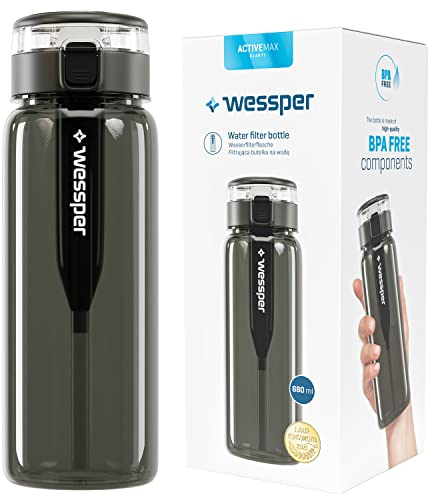 Wessper Wasserfilterflasche 680ml Grau Tritan Trinkflasche BPA Frei Wasserflasche mit Filter | Filterflasche Outdoor + Aktivkohle Filter Strohhalm | Wasserfilter Trinkflasche Sport Water Filter Bottle