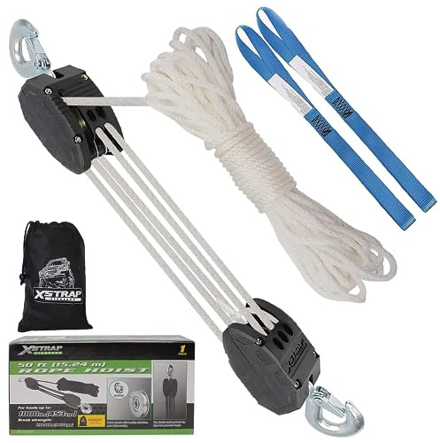 XSTRAP Rope Hoist 50 Feet Block and Tackle Pulley System for Lifting Heavy Objects, Heavy-Duty 2000 LBS Breaking Strength (Upgraded White)