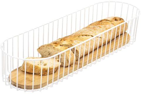 eluno Cuenco de alambre con base de bambú, cesta de alambre multiusos, frutero, cesta de pan, cesta para panecillos, cesta larga para baguette (blanco)