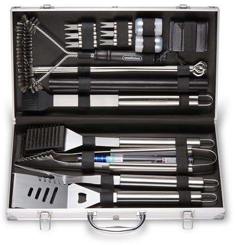 VonHaus BBQ Tool Set with Case, 25Pcs BBQ Accessories Kit Including Spatula, Fork, Tongs, Thermometer, Barbecue Grill Mat, Basting Brush & Cleaner, Heavy Duty Utensils for Outdoor Cooking