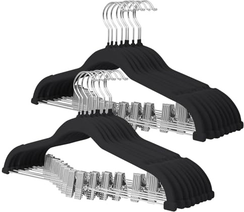 ManGotree Byxhängare med rörliga clips, halkfria klädhängare i sammet, platsbesparande kjolhängare för skjortor, byxor, klänningar, kjolar, rockar (18-pack, Svart)