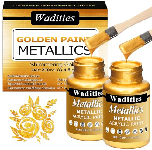 Wadities Pintura acrílica dorada metálica, 250 ml, pintura de hoja dorada para pintura artística, ideal para lienzo, madera, arcilla, tela, cerámica, piedra, suministros de manualidades de vidrio