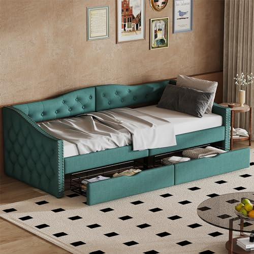 Kayan Sofabett 90x200cm, Tagesbett mit Zwei Schubladen, Bett mit Lattenrost aus Holz, Gästebett Schlafsofa Jugendbett für Schlafzimmer Wohnzimmer, Leinen (Grün)