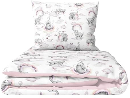 2 Piece Baby Children Quilt Duvet & Pillow Set 80x70 cm to fit Crib or Pram (Pink Elephants)