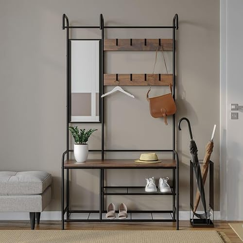 URBNLIVING Entryway Hallway Coat Hanger Stand Shoe Bench Storage Mirror Included Stylish Organization for Coats, Shoes, and Accessories Perfect for Entryways and Hallways (Black & Rustic Oak)