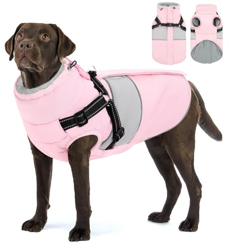 AOFITEE Hundejacke Große Hunde, Wasserdicht Winter Hundemantel mit Geschirr für große Hunde, Warme Hundemantel Hunter Fleece Wintermäntel Hundekleidung Schneeanzug für Französische Bulldogge, Rosa L