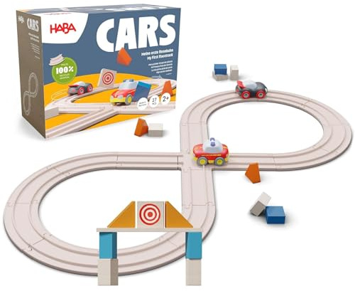 HABA Cars Meine erste Rennbahn – 27-teilige Holzbahn mit Holz-Schienen & 2 Flitzern – Nachhaltiges Öko-Spielzeug ab 2 Jahren – Geschenk zum 2. 3. & 4. Geburtstag & Weihnachten