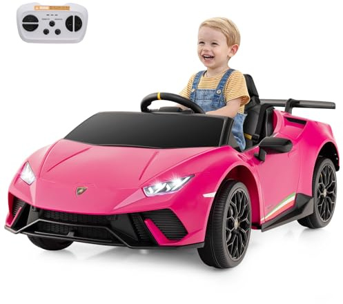 COSTWAY Elektrisk bil Lamborghini, 12 V elektrisk barnbil med fjärrkontroll och LED-lampor och tuta och musik och USB, 3-växlad elfordon 3–5 km/h, elbil för barn från 3 år (rosa)
