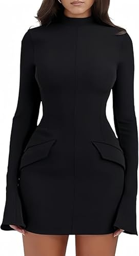 Haibang Vestito Donna Elegante Maniche Lunghe Aderente Mini Abito da Sera con Scollo Rotondo Sexy Vestito Tubino con Tasche Casual Bodycon Dress per Formale Lavoro Discoteca Cocktail Party Festa