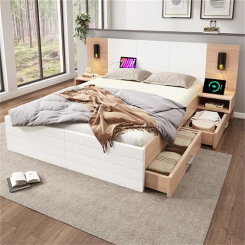 Bett Bettanlage Kopfteil Leselicht mit USB Ladefunktion Doppelbett King Size mit 2 Schubladen Stauraumbett Für Erwachsene Jugendliche Familienbett Gästebett Weiß mit Nachtkommode 180x200 cm