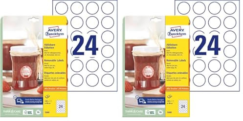AVERY Zweckform Marmeladenetiketten Art. 5080 (240 Aufkleber ablösbar, Ø 40mm auf A4, rund, für Gewürz oder Einmachgläser, Gebäcktüten, Geschenke und Selbstgemachtes aus der Küche) 10 Blatt weiß