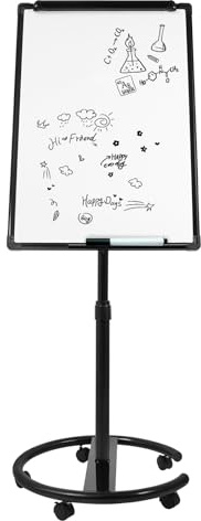Flipchart Ständer, 90x60cm, Mobiles Whiteboard auf Rollen, Höhenverstellbar Flipchart-Tafel bis 200cm, Beschreibbar, Trocken abwischbar, magnetisch für Büro, Unterricht (Schwarz)