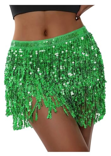 RRYPBOVG Gonna Paillettes Donna Gonne di Pancia Sexy da Donna estive Minigonna con Frange di Paillettes con Cinturini in Vita Regolabili Gonna con Nappe for spettacoli di Danza(Green)