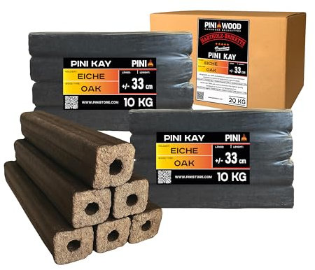 PINI Kay - Bricchette in legno di quercia, 33 cm, quadrate, con foro di trazione, 20 kg, bricchette di legno duro