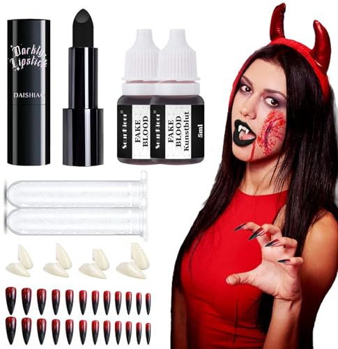 Vampir zähne Erwachsene, 4 Größen Vampire Teeth,2 Kunstblut, 1 Schwarz Lippenstift , 24 Stück Press On Nails mit 2 Tube Zahnpellets Kleber, für Cosplay Party Requisiten Horror Party