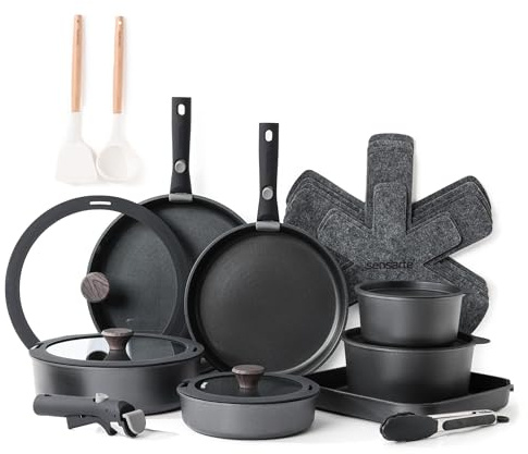 SENSARTE Set de Casseroles et Poêles 24 Pièces - Revêtement Granit Antiadhésif - Batterie de Cuisine pour Induction/Gaz, Poignées Amovibles, Empilable et Lavable Lave-Vaisselle