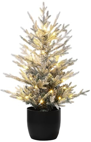 3Ft/92cm Small Pre Lit Christmas Tree, Flocked Xmas Tree with 100 PE/PVC Branch Tips, 50 Dual-Colour LED Lights & Pot – Ideal for Tabletops, Windowsills, Office Desks, Shop Counters or Hallways