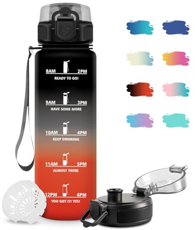 Botella Agua 1 Litro, Botella Agua con Filtro, Cantimplora Deporte con Marca de Tiempo, a Prueba de Fugas, Reutilizable, Antiderrame, Fácil de Limpiar, Cantimplora para la Escuela, Gym, Deportes