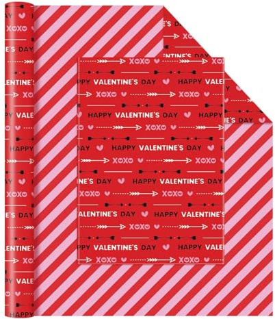 WERNNSAI Valentine Cupid Wrapping Paper - 1 Roll Red Happy Valentine Wrapping Paper Reversible Pink Stripe Gift Wrap for Girl Woman Valentines Day Gift Packing Birthday Wedding Date Present 43cm X 10m