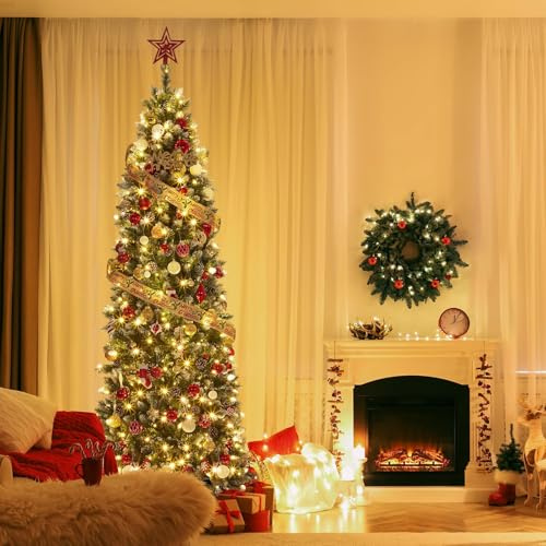 Garvee Albero di Natale Slim Artificiale Innevato 180cm con 350 Luci LED, 84 Pigne e Struttura Pieghevole - Ideale per Soggiorno e Casa