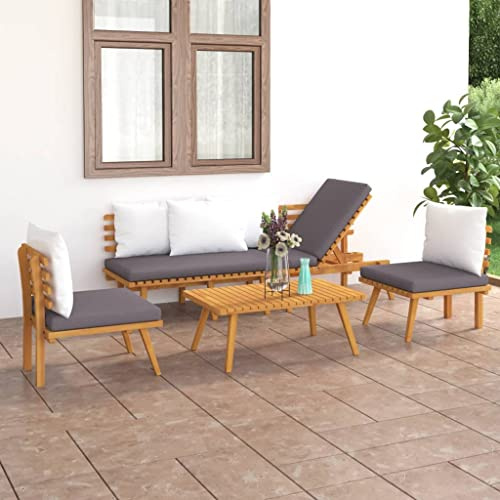 Tonture 4-TLG. Garten-Lounge-Set, Massivholz Akazie, Dunkelgraue Kissen, Verstellbares Tagesbett, Outdoor Möbel für Terrasse, Balkon, Hof