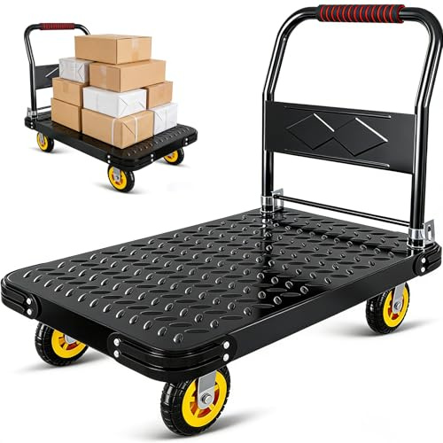 ZHOZHUT Carretilla De Mano Plegable 420kg-1300kg Carro De Plataforma Resistente con Ruedas Silenciosas, Carro Plegable con Plataforma Plana para Almacenes, Comedores Y Obras De Construcción,Negro,L