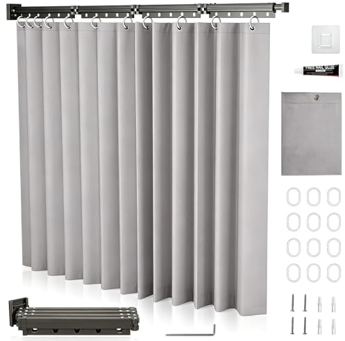 Duschvorhangstange Ohne Bohren 1,8m x 2m Faltbarer Duschvorhang mit Stange Wasserdicht, 4/5-Fach Klappbare Duschstange (Schwarze Duschvorhangstange – Grauer Duschvorhang, 4-Fach)