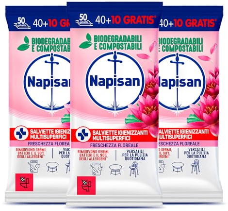 Napisan Salviette Igienizzanti Multisuperfici Fragranza Freschezza Floreale Rimuovono Germi e Batteri Biodegradabili Compostabili Versatili per Pulizia Quotidiana - 3 Confezioni da 50 Salviette