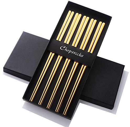Buyer Star 5 Pairs Korean Chopsticks Gold Metal Reusable Chopstick Length 23cm 18/10 304 Stainless Steel Flat Chopsticks