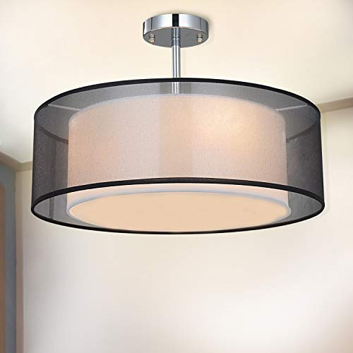 SPARKSOR Stoff Deckenleuchte, Durchmesser 45cm, Matt Chrom, Schwarz Runde Pendelleuchte für Wohnzimmer Schlafzimmer Küche Esszimmer, Suggest Warm White 3 Flammen E27