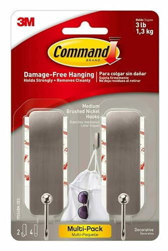 Command Medium Brushed Nickel Hooks, 2 Hooks, 4 Strips